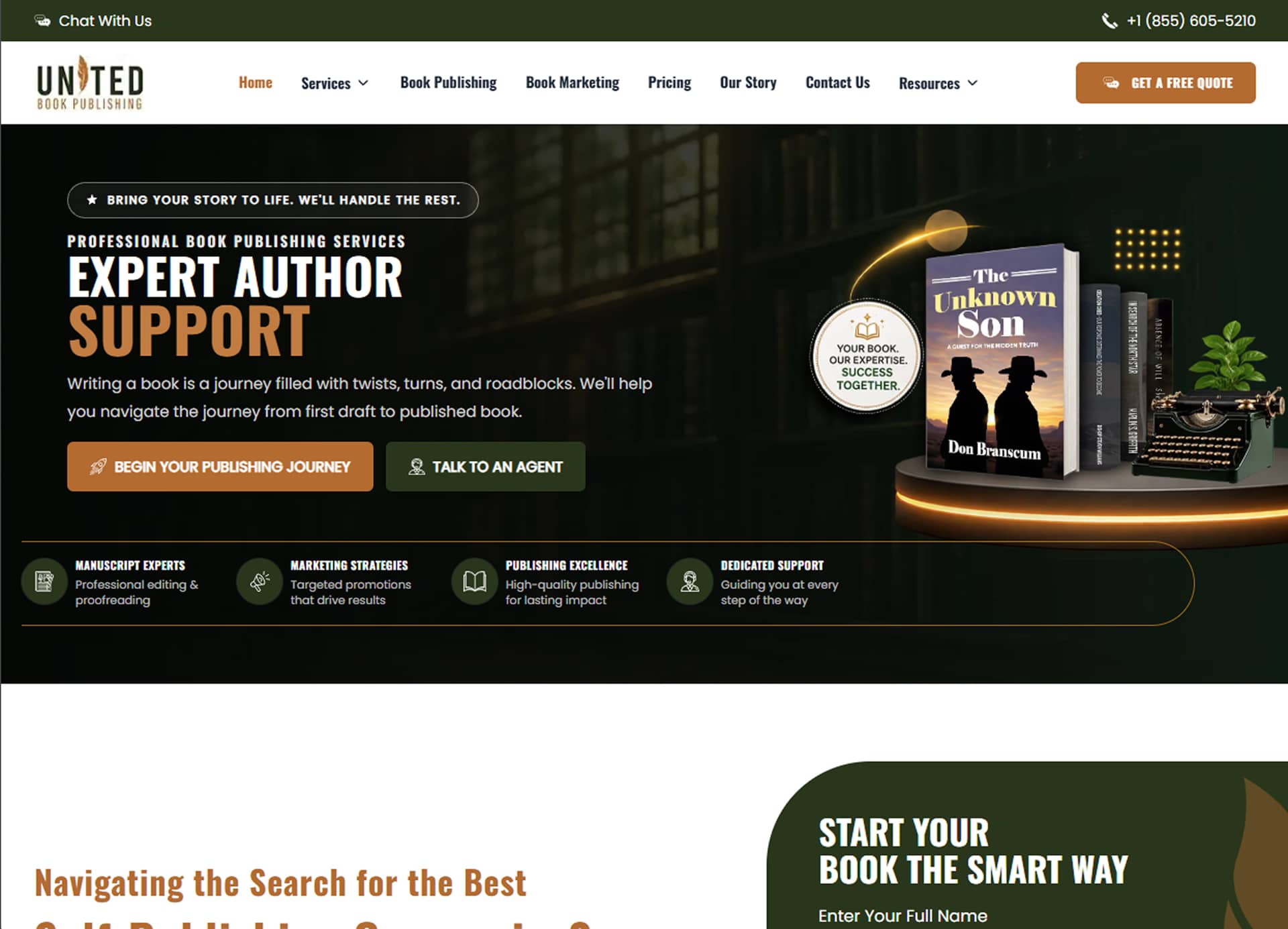 United Book Publishing homepage with navigation and hero banner