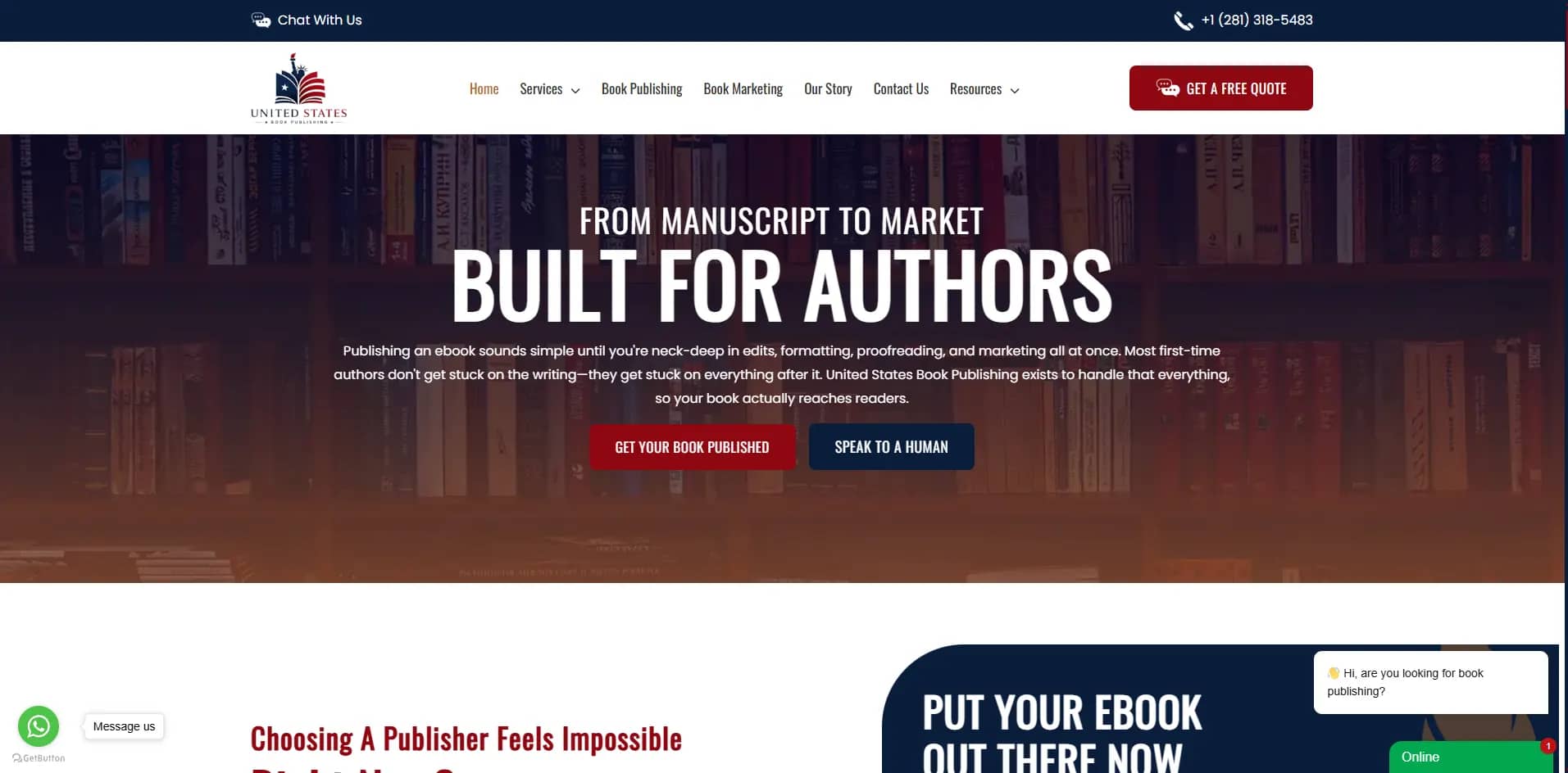 Screenshot of unitedstatesbookpublishing.com, a lookalike site